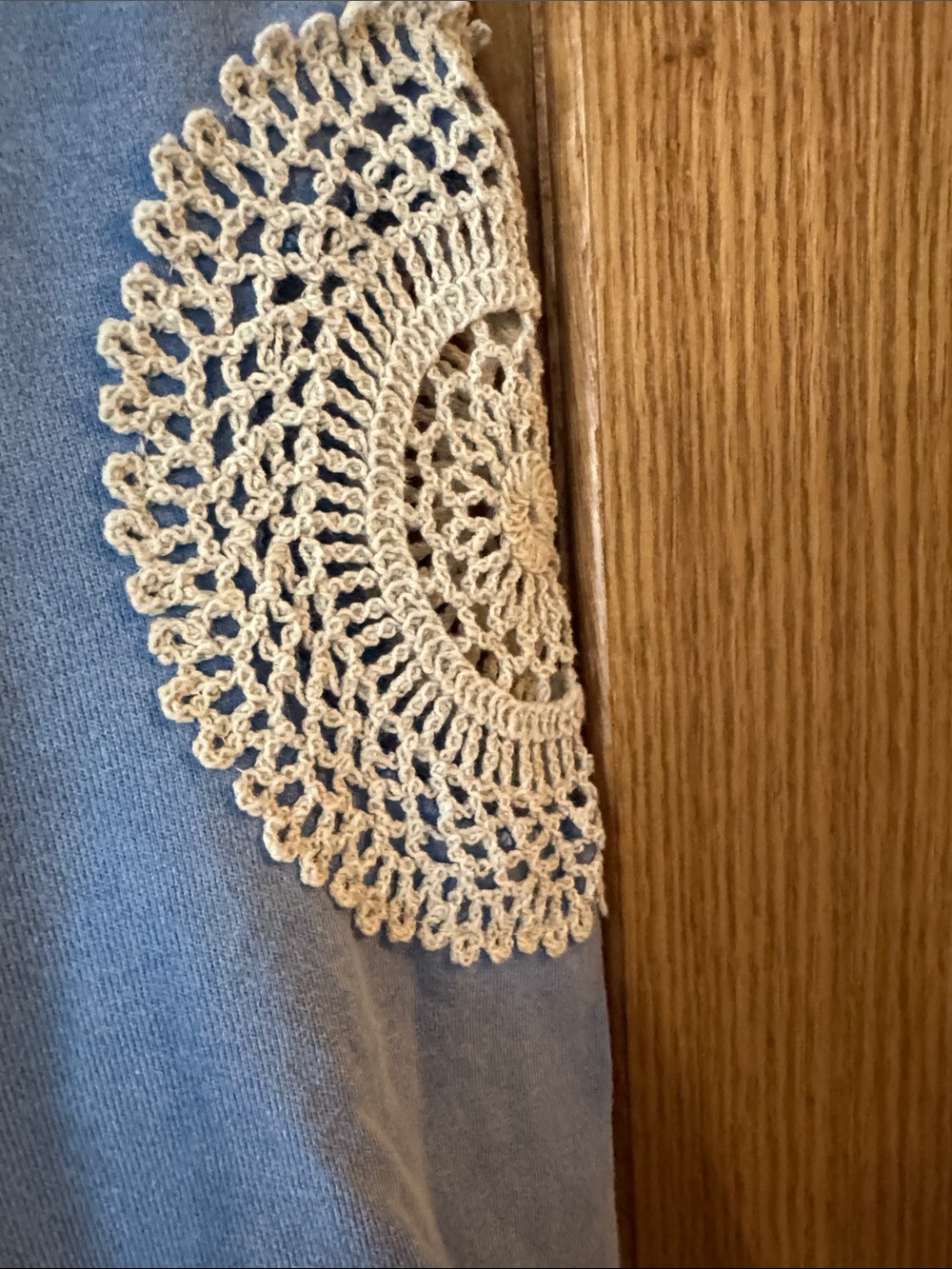 POL Light Blue & Navy Hooded Sweatshirt top with Crochet Accents & raw hem NEW - Picture 3 of 6